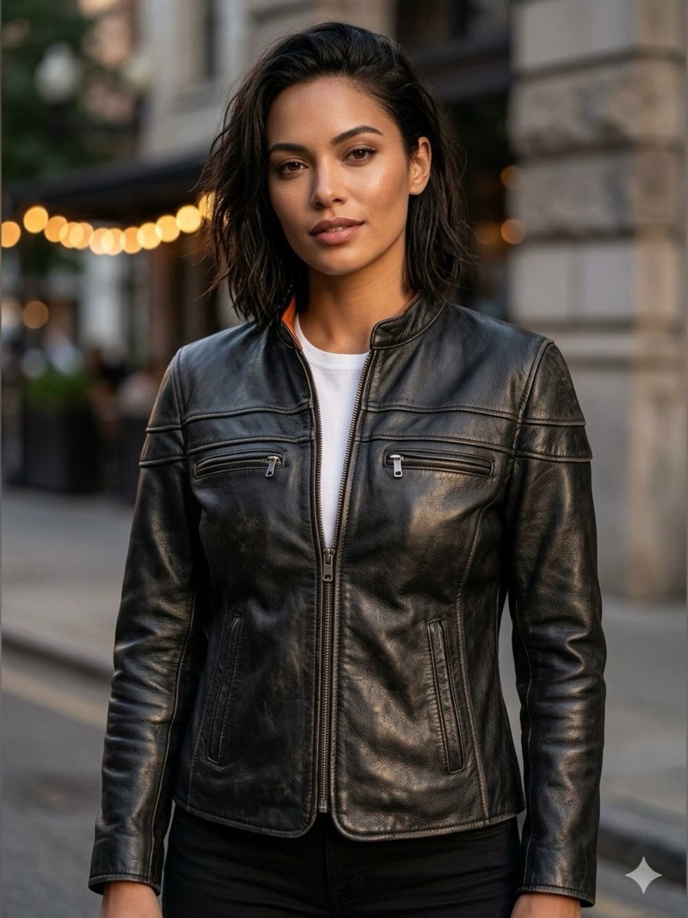 First Classics Women's Black Leather Zip-Front Motorcycle Jacket